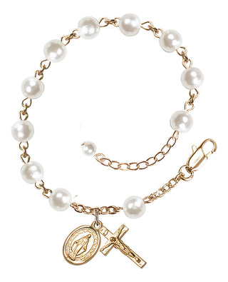 Adjustable 14 Karat Gold-Filled 6mm White, Faux Pearl Rosary Bracelet