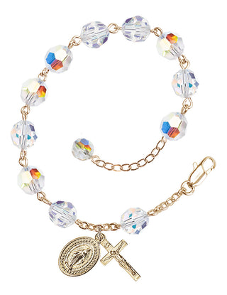 Adjustable Gold Plated 8mm Austrian Crystal Rosary Bracelet with Aurora Borealis in Crystal