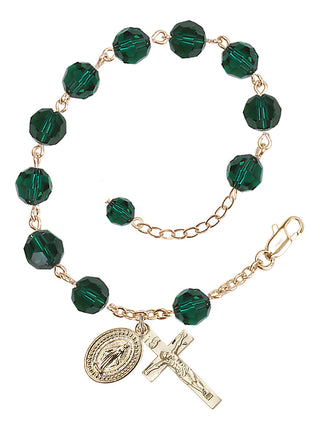 Adjustable Gold Plated 8mm Austrian Crystal Rosary Bracelet in Emerald