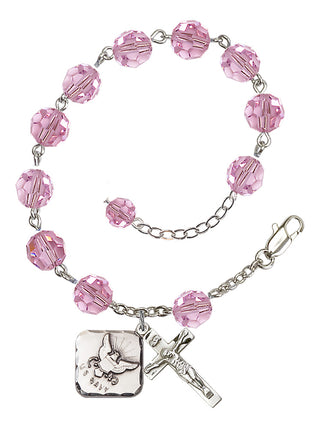Adjustable Silver Plated 8mm Austrian Crystal Rosary Bracelet in Light Rose