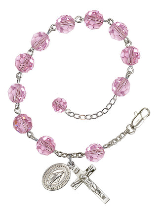 Adjustable Silver Plated 8mm Austrian Crystal Rosary Bracelet in Light Rose