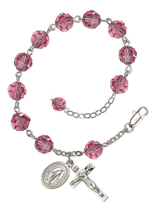 Adjustable Silver Plated 8mm Austrian Crystal Rosary Bracelet in Rose