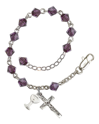 Adjustable Silver Plated 5mm Austrian Crystal Rosary Bracelet in Amethyst