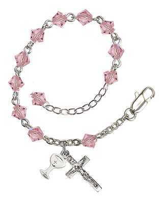 Adjustable Silver Plated 5mm Austrian Crystal Rosary Bracelet in Light Rose