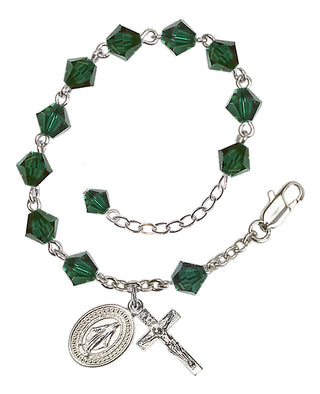 Adjustable Silver Plated 6mm Austrian Crystal Rosary Bracelet in Emerald