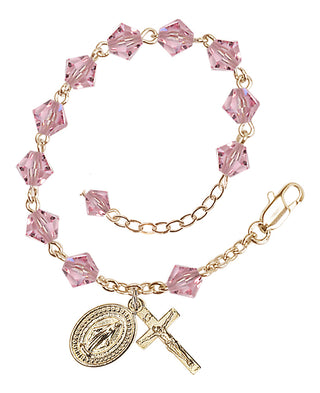 Adjustable Gold Plated 6mm Austrian Crystal Rosary Bracelet in Light Rose