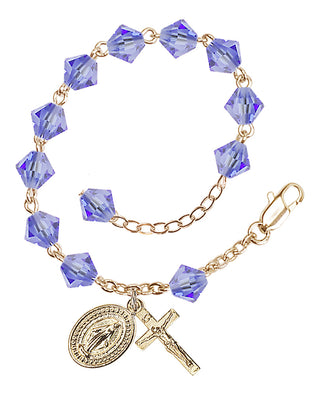 Adjustable Gold Plated 6mm Austrian Crystal Rosary Bracelet in Light Sapphire