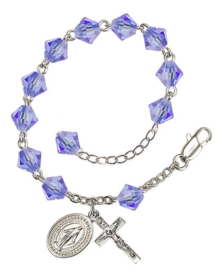 Adjustable Silver Plated 6mm Austrian Crystal Rosary Bracelet in Light Sapphire