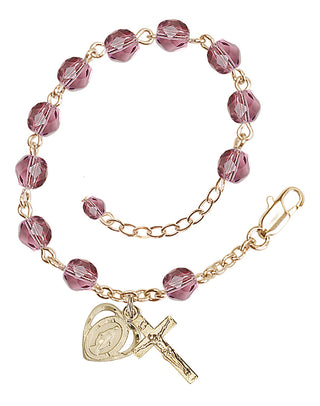 Adjustable Gold Plated 6mm Fire Polished Rosary Bracelet in Amethyst