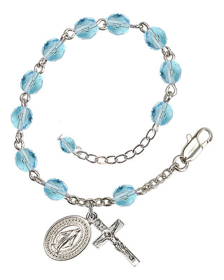 Adjustable Silver Plated 6mm Fire Polished Rosary Bracelet in Aqua