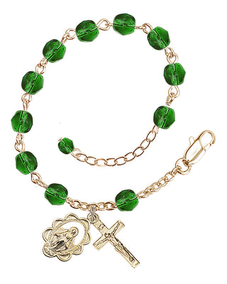 Adjustable Gold Plated 6mm Fire Polished Rosary Bracelet in Emerald