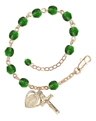 Adjustable Gold Plated 6mm Fire Polished Rosary Bracelet in Emerald