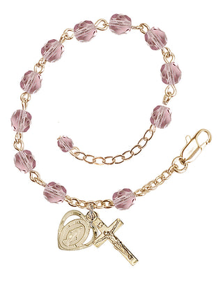 Adjustable Gold Plated 6mm Fire Polished Rosary Bracelet in Light Amethyst