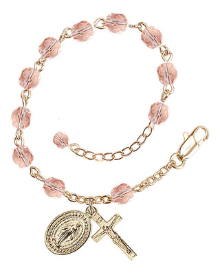 Adjustable Gold Plated 6mm Fire Polished Rosary Bracelet in Pink