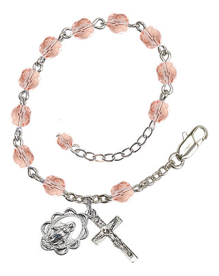 Adjustable Silver Plated 6mm Fire Polished Rosary Bracelet in Pink
