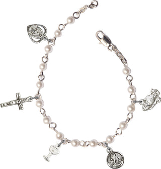 Silver Plated Rosary Bracelet with 4mm Heart Faux Pearl Beads.