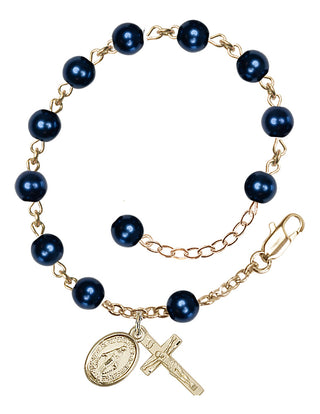 Adjustable 14 Karat Gold-Filled 6mm Austrian Crystal, Faux Pearl Rosary Bracelet in Blue