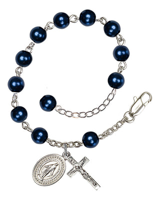 Adjustable Silver Plated 6mm Austrian Crystal, Faux Pearl Rosary Bracelet in Blue