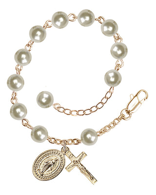 Adjustable Gold Plated 6mm Austrian Crystal, Faux Pearl Rosary Bracelet in Cream Rose