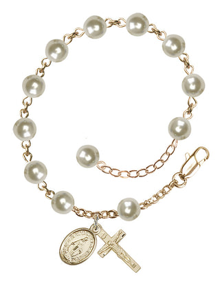 Adjustable 14 Karat Gold-Filled 6mm Austrian Crystal, Faux Pearl Rosary Bracelet in Cream Rose