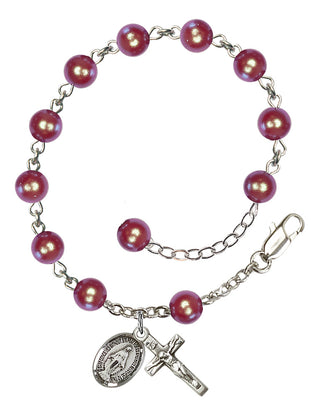 Adjustable Sterling Silver 6mm Austrian Crystal, Faux Pearl Rosary Bracelet in Red