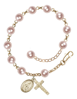 Adjustable 14 Karat Gold 6mm Austrian Crystal, Faux Pearl Rosary Bracelet in Rose
