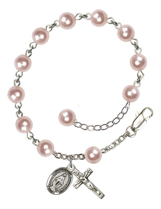 Adjustable Sterling Silver 6mm Austrian Crystal, Faux Pearl Rosary Bracelet in Rose