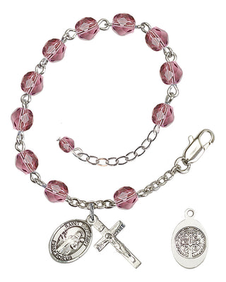 Silver-Plated 6mm Fire-Polished Saint Benedict Rosary Bracelet in Amethyst Engraved Catholic Saint Jewelry