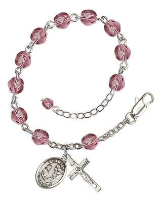 Silver-Plated 6mm Fire-Polished Saint Cecilia Rosary Bracelet in Amethyst Engraved Catholic Saint Jewelry