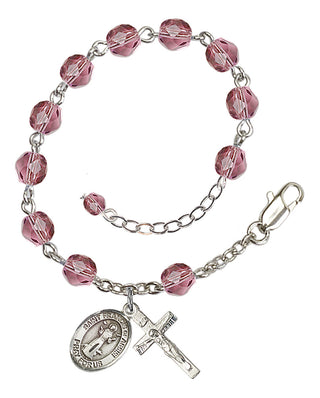 Silver-Plated 6mm Fire-Polished Saint Francis of Assisi Rosary Bracelet in Amethyst Engraved Catholic Saint Jewelry