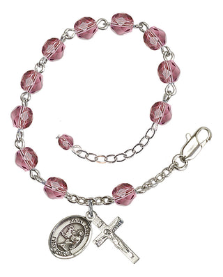 Silver-Plated 6mm Fire-Polished Saint Luke the Apostle Rosary Bracelet in Amethyst Engraved Catholic Saint Jewelry