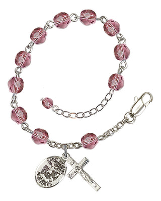 Silver-Plated 6mm Fire-Polished Saint Michael the Archangel Rosary Bracelet in Amethyst Engraved Catholic Saint Jewelry