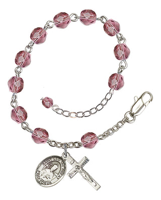 Silver-Plated 6mm Fire-Polished Saint Leo the Great Rosary Bracelet in Amethyst Engraved Catholic Saint Jewelry