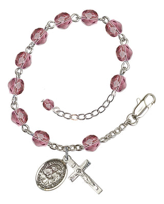 Silver-Plated 6mm Fire-Polished Saints Cosmas & Damian Rosary Bracelet in Amethyst Engraved Catholic Saint Jewelry