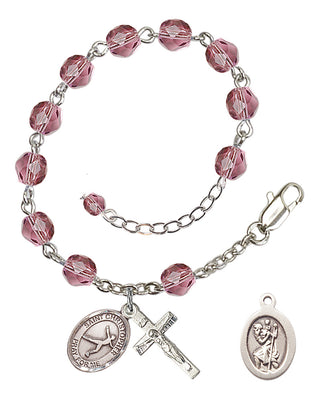 Adjustable Silver Plated 6mm Fire Polished Saint Christopher/Figure Skating Rosary Bracelet in Amethyst