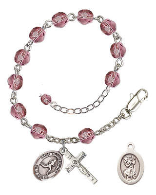 Silver-Plated 6mm Fire-Polished Saint Christopher/Track & Field Rosary Bracelet in Amethyst Engraved Catholic Saint Jewelry