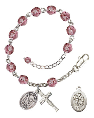 Adjustable Silver Plated 6mm Fire Polished Saint Sebastian/Gymnastics Rosary Bracelet in Amethyst