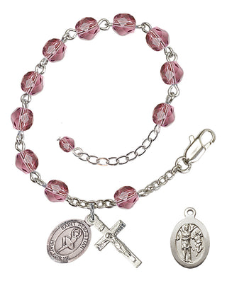 Silver-Plated 6mm Fire-Polished Saint Sebastian/Dance Rosary Bracelet in Amethyst Engraved Catholic Saint Jewelry