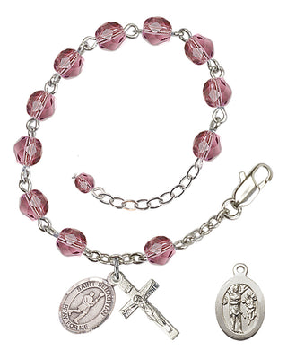 Adjustable Silver Plated 6mm Fire Polished Saint Sebastian/Lacrosse Rosary Bracelet in Amethyst