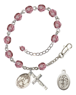 Silver-Plated 6mm Fire-Polished Saint Sebastian/Softball Rosary Bracelet in Amethyst Engraved Catholic Saint Jewelry