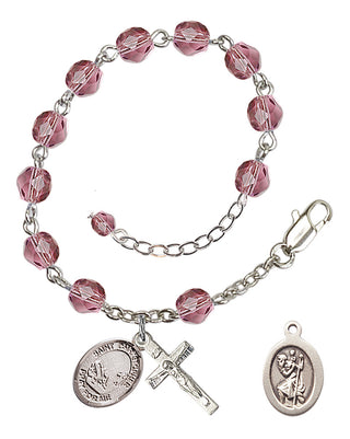 Adjustable Silver Plated 6mm Fire Polished Saint Christopher / Fishing Rosary Bracelet in Amethyst
