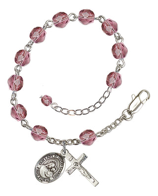 Silver-Plated 6mm Fire-Polished Our Lady of Good Counsel Rosary Bracelet in Amethyst Engraved Catholic Saint Jewelry
