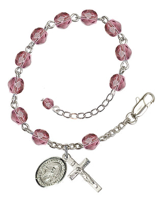 Silver-Plated 6mm Fire-Polished Saint Finnian of Clonard Rosary Bracelet in Amethyst Engraved Catholic Saint Jewelry