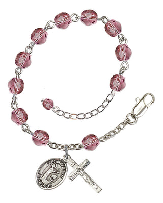 Silver-Plated 6mm Fire-Polished Saint Kenneth Rosary Bracelet in Amethyst Engraved Catholic Saint Jewelry