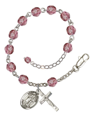 Silver-Plated 6mm Fire-Polished Saint Joachim Rosary Bracelet in Amethyst Engraved Catholic Saint Jewelry