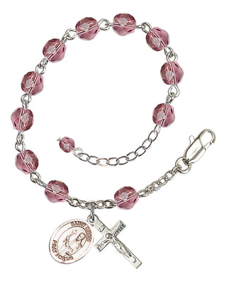 Silver-Plated 6mm Fire-Polished Saint Regis Rosary Bracelet in Amethyst Engraved Catholic Saint Jewelry