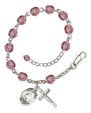 Silver-Plated 6mm Fire-Polished Saint Theodora Rosary Bracelet in Amethyst Engraved Catholic Saint Jewelry