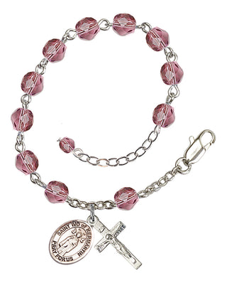 Silver-Plated 6mm Fire-Polished Saint Ivo of Kelmartin Rosary Bracelet in Amethyst Engraved Catholic Saint Jewelry