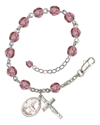 Silver-Plated 6mm Fire-Polished Bl. Emilee Doultremont Rosary Bracelet in Amethyst Engraved Catholic Saint Jewelry