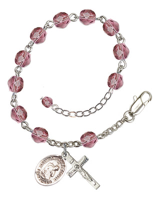 Silver-Plated 6mm Fire-Polished Bl. Herman the Cripple Rosary Bracelet in Amethyst Engraved Catholic Saint Jewelry